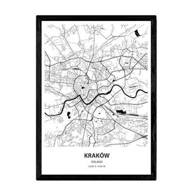 Imagen de Nacnic Poster con Mapa de Krakow Polonia. Láminas Ciudades Europa Mares y ríos en Color Negro. Tamaño A3
