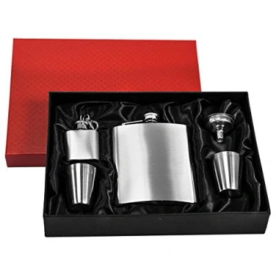 Imagen de eyepower Petaca de acero inoxidable 210 ml + embudo 4 pequeños vasos llavero elegante caja regalo botella metal 7 oz 0,2 l plateado