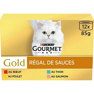 Imagen de GOURMET Gold, Regal de Salsas, Caja, Gato, Carne Res, Pollo, salmón, atún, 12 x 85 g