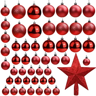 Imagen de Belle Vous Bolas de Navidad Rojas (Pack 50) Tamaños Variados Navideñas con Brillo y Estrella para la Punta Adornos Decor Fiestas Interior Exterior