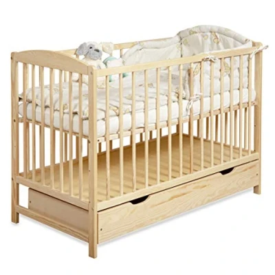 Imagen de Cuna Bebe con Cajón Madera Barandillas de Protección 60x120cm Regulable en Altura para Convertible Cama Infantil Niñas y Niños Marrón