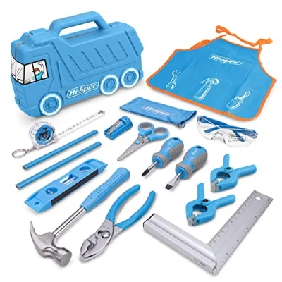Imagen de Hi Spec Maletin de Herramientas Reales para Niños y Principiantes, Juego Construccion con Camion. Carpinteria Trabajos en Madera. Regalo Juguete Educativo Ideal