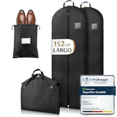 Imagen de Bruce.® 2x Fundas Ropa Armario 152x60cm con 1x Bolsa de Zapatos, Antipolillas Almacenaje 120 GSM, Porta trajes Caballero o Mujer para Viaje, Bolsas Guardar Colgada Cremallera
