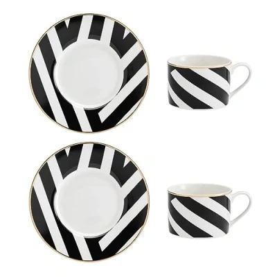 Imagen de Mikasa Luxe Deco Juego de Taza y Platito Té En Porcelana, 2x Tazas Platillos con Estampado Geométrico, 200ml Caja Regalo Apto para Lavavajillas