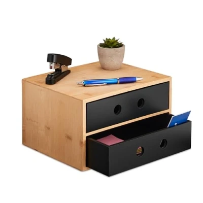 Imagen de Relaxdays Organizador Escritorio, 2 Cajones, Rectangular, Bambú y MDF, 15 x 25 20 cm, Sobremesa, Natural Negro, Tablero de Fibras