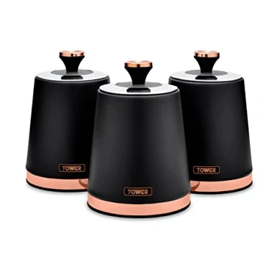 Imagen de Tower T826131BLK Cavaletto 3 recipientes de Almacenamiento Cocina, Juego té, café y azúcar, Acero al Carbono Duradero, Color Negro, Canister Set,