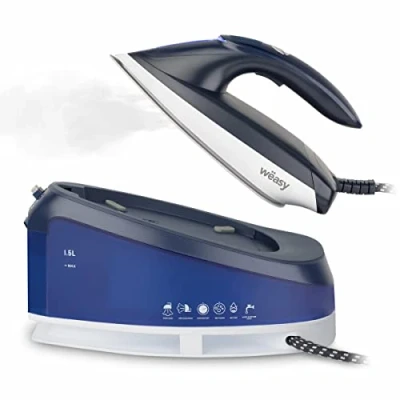 Imagen de Wëasy LIN220 Centro Planchado, Alta presión, 5,5 Bar, Continuo, 120 g/min, Autonomía Ilimitada, Vapor Vertical, Suela Acero Inoxidable, Compacta, Depósito Agua 1.5L, Cerámica, 200 W, Azul