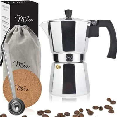 Imagen de Milu Cafetera Italiana (sin inducción) 2, 3, 6, 9 Tazas Moka de Aluminio, Expresso Maker Set comprensivo di sottobicchiere, cucchiaio, spazzola (Aluminio, 3 tazze (150ml)