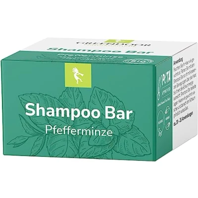 Imagen de GREENDOOR Bio Shampoo Bar Pepperminze 75g pelo normal/graso, firme y suave, champú para el cabello sin siliconas, plástico mujeres hombres, cuidado natural del