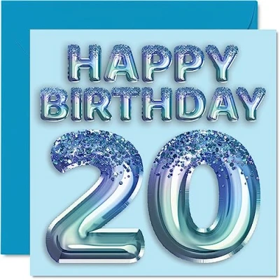 Imagen de Stuff4 Tarjeta de cumpleaños número 20 para hombres, globo fiesta con purpurina azul, tarjetas feliz hombre años, hermano, hijo, sobrino, tío, 145 mm x mm,