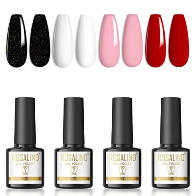 Imagen de ROSALIND Esmaltes Semipermanentes Para Uñas Desnudo Negro Blanco Rosa Rojo 8ml Pintauñas Gel Permanentes UV LED nail polish 4pcs