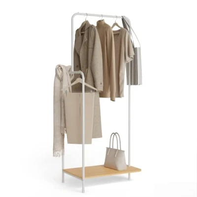 Imagen de Newlux Burro Ropa Resistente Hasta 18kg Hangy Wood 100 con Zapatero. Perchero Metálico Gran Estabilidad Fácil Montaje Base Antirayaduras Incluye Riel Lateral (62x42x150cm)Blanco