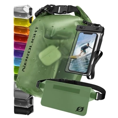 Imagen de Nordlight Juego de 3 Bolsas Impermeables (Verde Oscuro) Dry Bag 20L + Funda Impermeable para teléfono móvil riñonera protección IPX8 con Correas Ajustables Playa Paddling