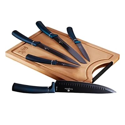 Imagen de Berlinger Haus Aquamarine Juego 5 Cuchillos Cocina Profesional Tabla Cortar Bambú, Hoja Acero Inoxidable Recubrimiento Antiadherente, Cocinero, Cebollero, Pan, Rebanador, Pelar, Diseño Metallic Line