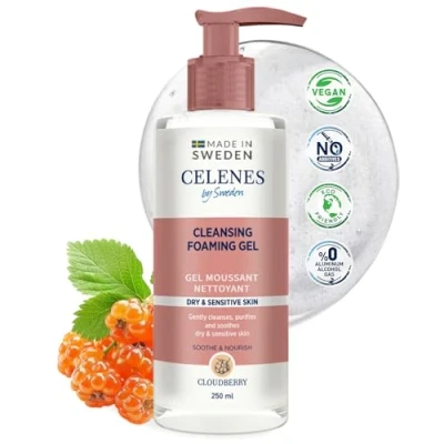 Imagen de Celenes by Sweden Gel Limpiador Espumoso de Cloudberry Calmante y Nutritivo Sin Alcohol, Libre Siliconas Parabenos Apto para Piel Seca Sensible Respetuoso con el Medio Ambiente 250ml