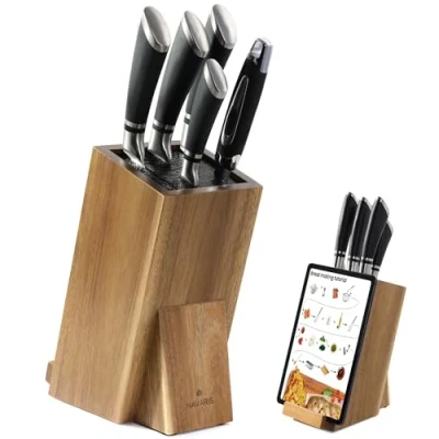 Imagen de Navaris Soporte Cuchillos Cocina con Tablet Bloque de Acacia para Utensilios Porta cerdas extraibles 13 x 19 26 cm