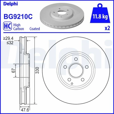 Imagen de DELPHI BG9210C Disco de freno 330 32 5 ventilado revestido altamente carbonizado sin cojinete rueda, anillo sensor ABS