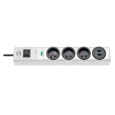 Imagen de Brennenstuhl Multitoma Hugo! Blanca, 3 enchufes + 2 tomas USB, con protector contra sobretensiones y m de cable (19,500 A)