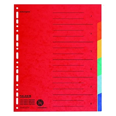 Imagen de Falken Lote de 20 registros cartón para DIN A4 + 24,5 x 30 cm, altura completa, con impresión organizativa, 6 piezas, a todo color, archivar fundas y transparentes