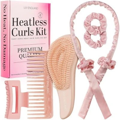 Imagen de Rizador de Pelo Sin Calor Lily England Set 6 Piezas para Rizos Perfectos Incluye Cepillo, Gomas, Clip y Peine Diadema Satén Mientras Duermes