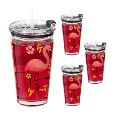 Imagen de Relaxdays Set de 4 Vasos Infantiles, Diseño Flamenco, Tapa y Pajita, 450 ml, Vaso Cristal Niños, Smoothie, Transparente, 9 Centimeters cm