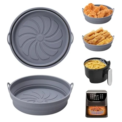 Imagen de Alyvisun bandeja de silicona para freidora aire, 2 piezas, accesorios Air Fryer recipientes, cesta reutilizable redonda alfombrilla moldes Airfryer, microondas, horno (gris claro)