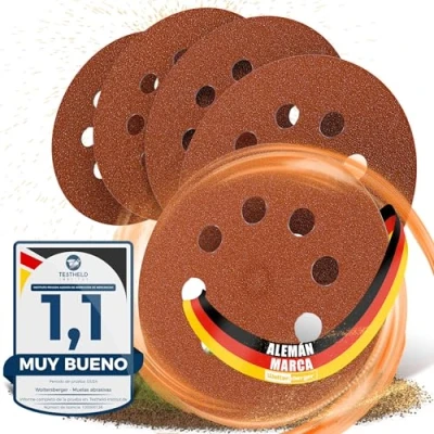 Imagen de Woltersberger® 50 piezas Papel de Lija 125 mm Papeles Abrasivos con 8 Agujeros para Lijadora Excéntrica grano P400 rojo un lijado óptimo, versátil