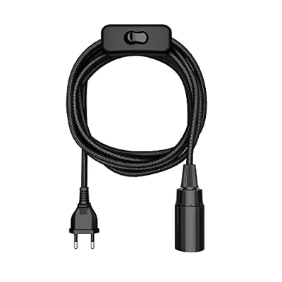 Imagen de ledscom.de cable textil LEHA, enchufe, interruptor, negro, 3 m, portalámparas, 1x E14 máx. 60W, Led, Diy, textil, lámpara colgante, enchufe de red, bombilla,