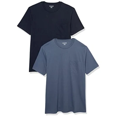 Imagen de Amazon Essentials Camiseta de manga corta con bolsillo, cuello redondo y corte ajustado Hombre, Pack 2, Azul Marino/Azul Oscuro, XS