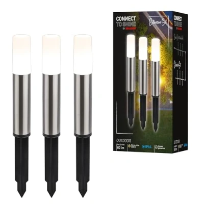 Imagen de Briloner Sistema de jardín Connect to Shine 12 V, juego 3 bolardos LED con estaca, extensión, IP44, luz blanca cálida, iluminación jardín, luces camino, 36,5x4 cm, plateado