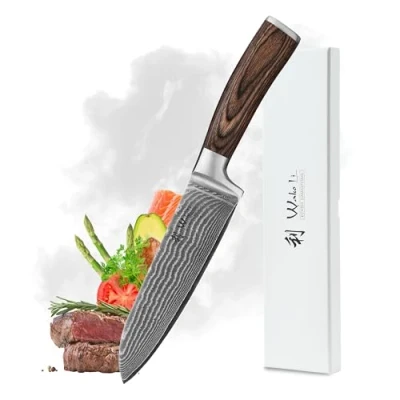Imagen de Wakoli EDIB cuchillo damasco santoku hoja de 17 cm extremadamente afilada 67 capas I cocina y chef profesional auténtico acero con mango madera pakka