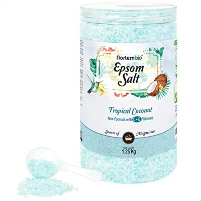 Imagen de Nortembio Sal de Epsom 1,25 Kg. Fragancia Coco Tropical. Baño Hidratada con Vitamina C y E. Relajación Músculos, Aromaterapia Buen Sueño. E Book Incluido.