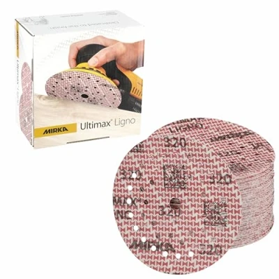 Imagen de Mirka Ultimax Ligno Ø 125mm discos de lija Velcro Multifit/grano 320/100 piezas/multiperforación/para lijar superficies madera