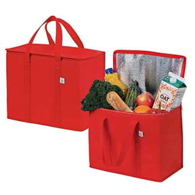 Imagen de VENO Pack de 2 Bolsas Térmicas para Comida, Bolsa Porta Alimentos Grande con Asas, Cierre y Tapa, Nevera Térmica Delivery, Compra Sostenible,Reutilizable, Plegable (Rojo,Pack 2)