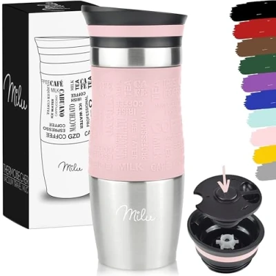 Imagen de Milu Taza aislante de café y té para llevar 370ml 450ml 100% a prueba fugas acero inoxidable beber vaso aislamiento al vacío Caliente frío (Rosa, 370ml)