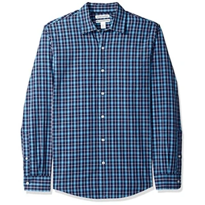 Imagen de Amazon Essentials Camisa de Popelín Manga Larga y Ajuste Entallado Hombre, Azul Marino Cuadros Escoceses, L