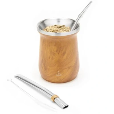 Imagen de balibetov Elegante Juego Yerba Mate Gourd (Taza Mate) Doble pared de acero inoxidable 18/8 Incluye dos bombillas y un cepillo limpieza (Madera)
