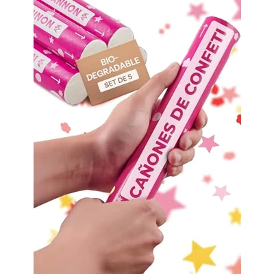 Imagen de 5 Cañones de Confeti Cumpleaños para Niñas Con Estrellas en Rosa Biodegradable FSC® Sencillo y Seguro
