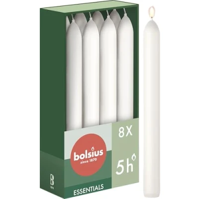 Imagen de Bolsius Velas cónicas de cena, color blanco, paquete 8 pulgadas, 17 cm, larga duración combustión 5 horas, sin perfume, cera vegana natural, goteo, aceite palma Valentin