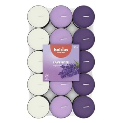 Imagen de Bolsius 30 velas de té perfumadas Lavanda Duración combustión 3,5 horas Diámetro 38 mm Extractos naturales Contiene cera vegana Sin aceite palma