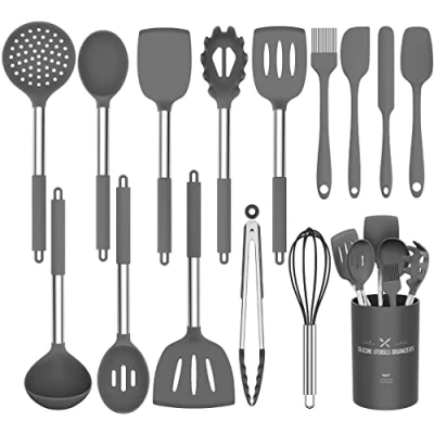 Imagen de Umite Chef Juego de utensilios cocina, 15 piezas silicona pinzas para espátula, cuchara antiadherente, resistente al calor, (gris)