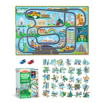 Imagen de Melissa &amp; Doug Puzzle de Piso cartón Pistas Carreras Alrededor del Mundo y vehículos Cuerda 48 Piezas, para niños niñas a Partir 3 años