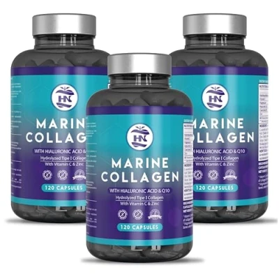 Imagen de Colageno Marino Hidrolizado Puro con Acido Hialuronico Magnesio y Vitamina C Coéncima Q10, Zinc, Marine Collagen, Colágeno Hialurónico (120 Caps x 3 botes)