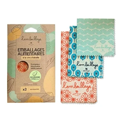 Imagen de L&#039;Embeillage®, Le Bee Wrap francés Embalaje de alimentos reutilizable Fabricado en Francia, orgánico y 100% natural cera abeja (Origami, descubrimiento (S, M, L))