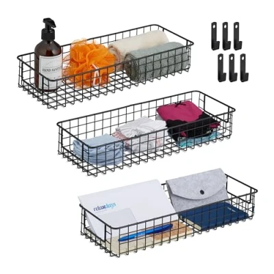 Imagen de Relaxdays 3 Cestas Metálicas Rejilla Alambre con Asas, Canastillas Almacenaje Rectangulares, 7,5 x 41 16cm, Negro, Hierro, 7.5 16 cm