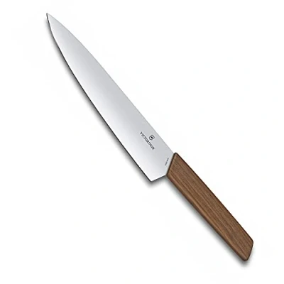 Imagen de Victorinox Swiss Modern, Cuchillo profesional para trinchar, Hoja extra afilada, afilado recto, 22 cm, Elegante mango de madera, Acero inoxidable, Marrón
