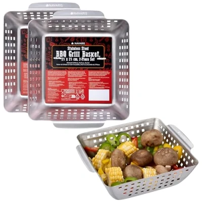 Imagen de Navaris Bandeja para Parrilla de Acero Inoxidable 2x Rustidera BBQ y Horno 21 x cm Set Barbacoa Pescado Verduras Carne Patatas Brochetas