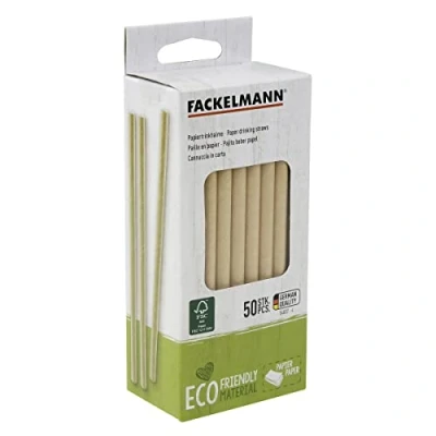 Imagen de Fackelmann Pajitas de papel desechables sostenibles medio ambiente (certificado FSC), reciclables, compostables. biodegradables para fiestas o el hogar, color marrón blanco 0,8x15cm, 50uds.
