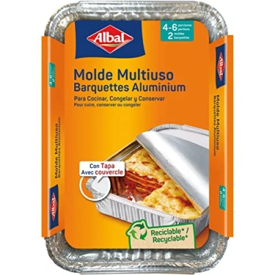 Imagen de Albal moldes de aluminio multiusos rectangulares con tapa para cocinar, congelar y conservar alimentos, bandejas desechables, 31 x 21 4 cm, 6 porciones, 2