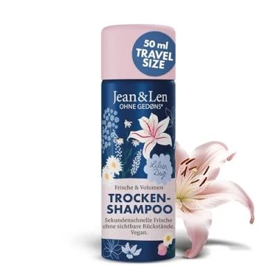 Imagen de Jean &amp; Len Mini Champú Seco Frescor y volumen, sin raíces grasas, residuos blancos, huele a lirio, para cabellos finos tamaño viaje, parabenos ni siliconas, vegano, 50 ml